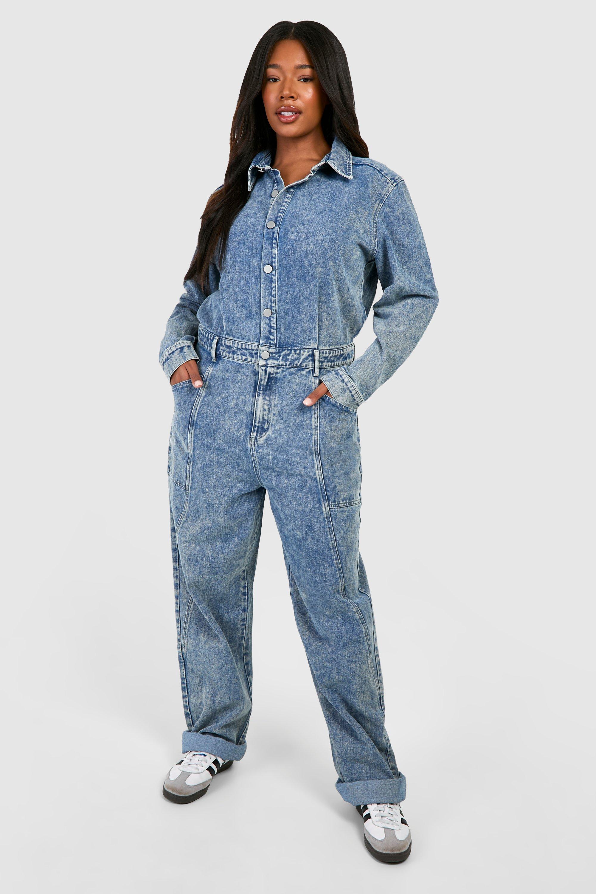 boohoo Plus Washed Denim Roll Hem Boilersuit Blue Size 20